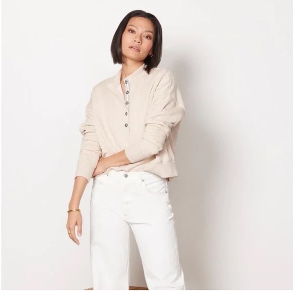 Evereve Taryn Taped Henley Sweatshirt Tan Size Small - Picture 2 of 6